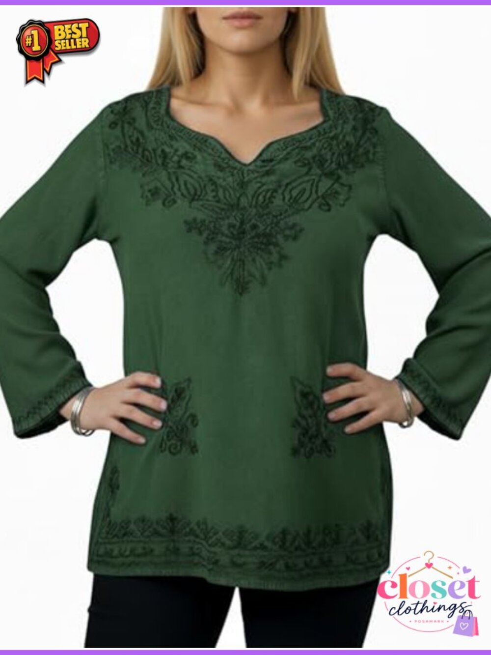 Boho Embroidered V Neck Long Sleeve Tunic Blouse Top